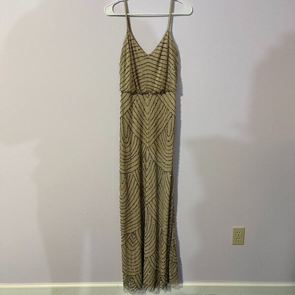 Adrianna Papell Nude Sequence Spaghetti Strap Maxi Formal Dress | Size 4 - Picture 1 of 7